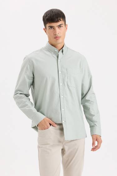 %100 Pamuk Regular Fit Polo Yaka Oxford Basic Düz Uzun Kollu Gömlek