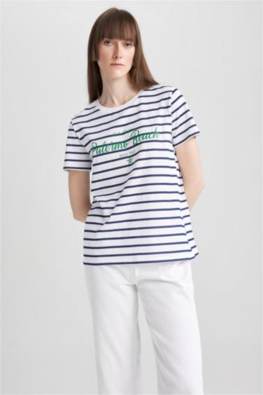 Regular Fit Crew Neck Slogan Printed Short Sleeve T-Shirt