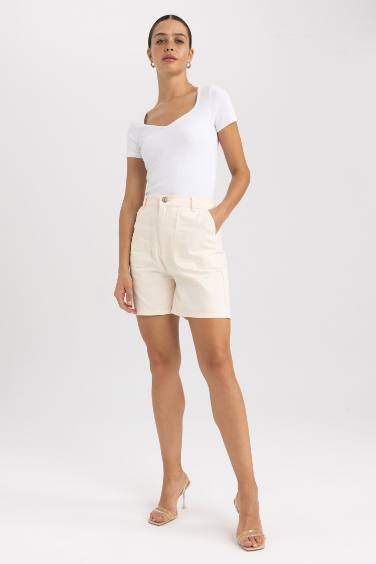 Gabardine High Waist Double Hem Shorts