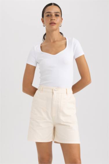 Gabardine High Waist Double Hem Shorts
