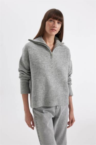 Oversize Geniş Kalıp Yarım Fermuarlı Dik Yaka Triko Kazak