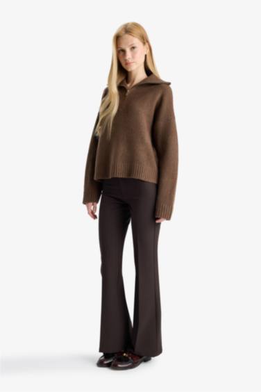 Oversize Geniş Kalıp Polo Yaka Yarım Fermuarlı Triko Kazak