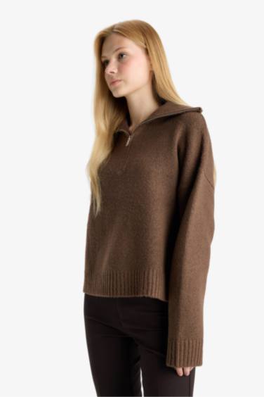 Oversize Geniş Kalıp Polo Yaka Yarım Fermuarlı Triko Kazak