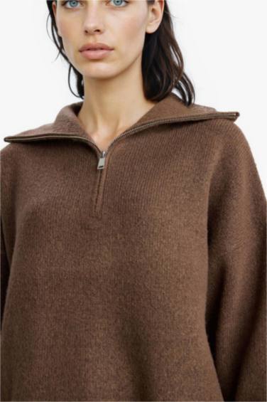 Oversize Geniş Kalıp Polo Yaka Yarım Fermuarlı Triko Kazak