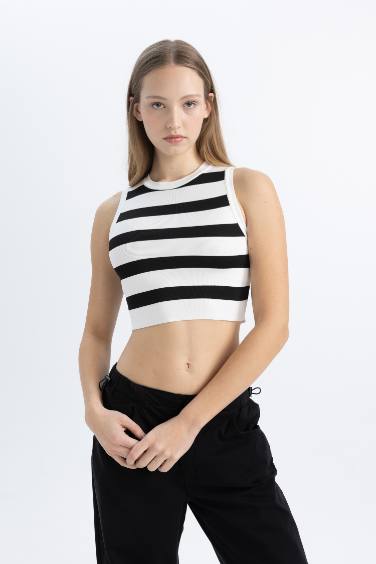 Slim Fit Crew Neck Striped Crop Top