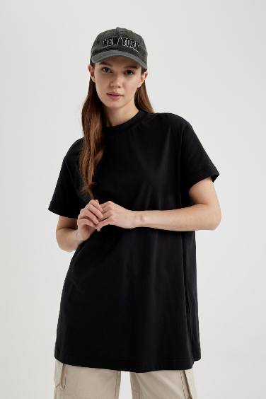 Regular Fit Crew Neck Short Sleeve Cotton T-Shirt Tunic