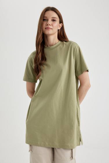 Regular Fit Crew Neck Short Sleeve Cotton Tunic