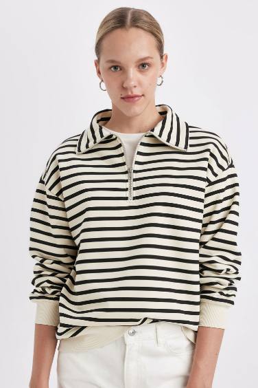 Regular Fit Zippered Striped Thick Sweatshirt