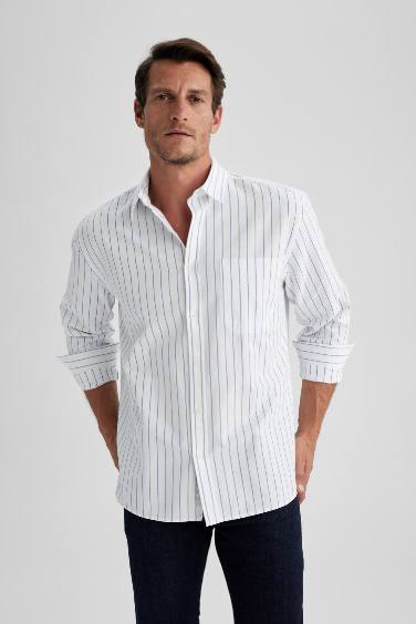 Relax Fit Polo Collar Oxford Striped Long Sleeve Shirt