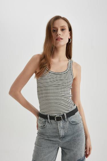 Slim Fit Striped Camisole Round Collar Tank Top