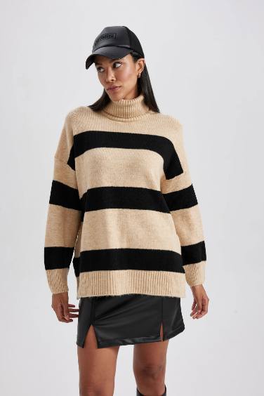 Relax Fit Balıkçı Yaka Çizgili Triko Kazak Tunik