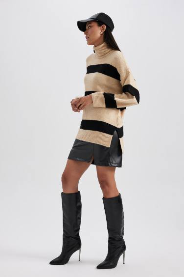 Relax Fit Balıkçı Yaka Çizgili Triko Kazak Tunik