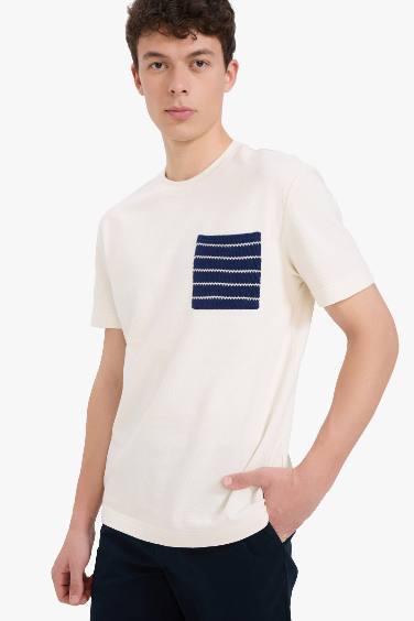 تي شيرت نص كم قصة عادية بياقة مستديرة