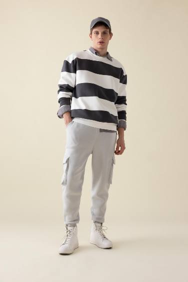 Antrasit Boxy Fit Bisiklet Yaka Çizgili Sweatshirt