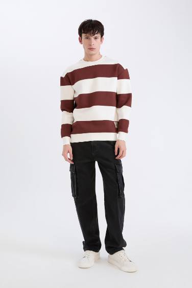 Boxy Fit Bisiklet Yaka Çizgili Dokuma Etiketli Sweatshirt