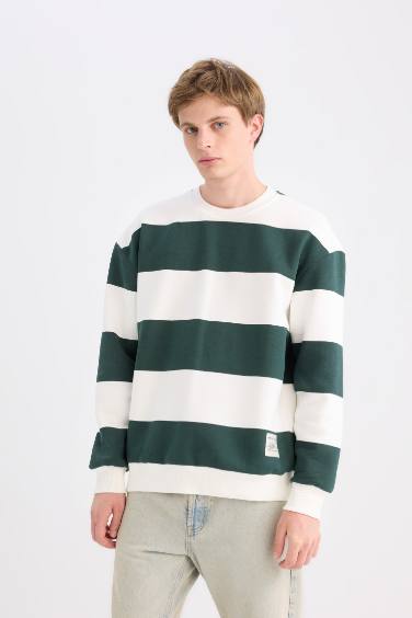 Boxy Fit Crew Neck Striped Sweatshirt