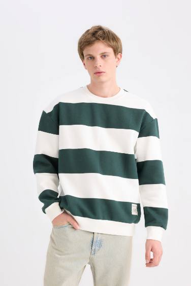 Boxy Fit Bisiklet Yaka Çizgili Sweatshirt