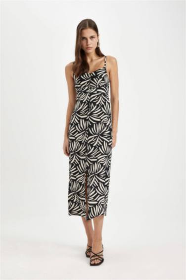 V Yaka Tropikal Desenli Maroken Askılı Maxi Elbise