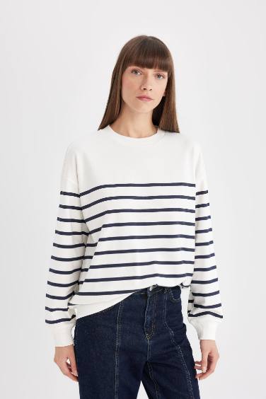 Relax Fit Bisiklet Yaka Çizgili İnce Sweatshirt