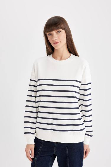 Relax Fit Bisiklet Yaka Çizgili İnce Sweatshirt