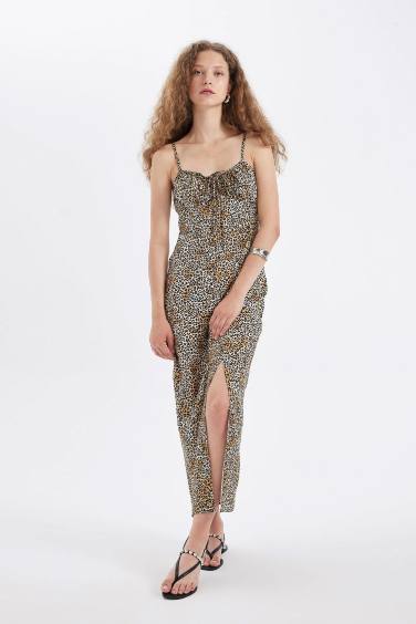 A-Cut Heart Neck Leopard Strappy Maxi Dress