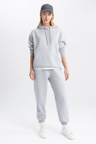 Relax Fit Kapüşonlu Basic Düz Kalın Sweatshirt