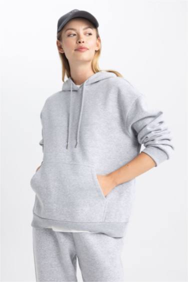 Relax Fit Kapüşonlu Basic Düz Kalın Sweatshirt