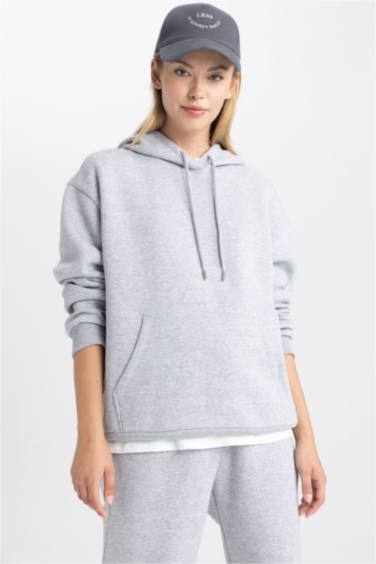 Relax Fit Kapüşonlu Basic Düz Kalın Sweatshirt