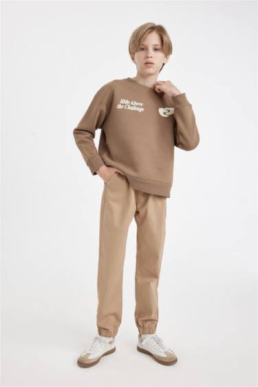 Erkek Çocuk Beli Bağcıklı Lastikli Paça Cepli Basic Düz Jogger Gabardin Pantolon