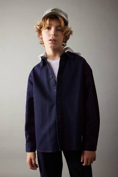 Boy Oversize Fit Hooded Gabardine Long Sleeve Shirt