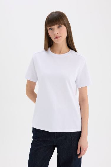 Regular Fit Bisiklet Yaka Basic Düz Premium Kısa Kollu Beyaz Tişört