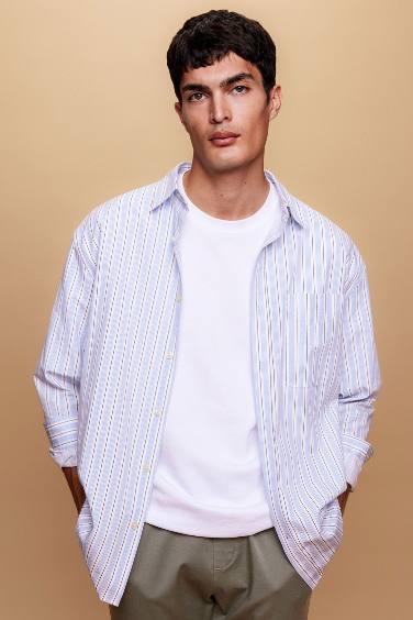 Relax Fit Polo Collar Striped Cotton Shirt