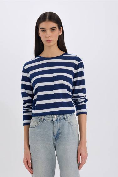 Regular Fit Bisiklet Yaka Çizgili Casual Uzun Kollu Tişört