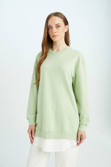 Regular Fit Bisiklet Yaka Etek Ucu Detaylı Basic Düz Sweatshirt Tunik