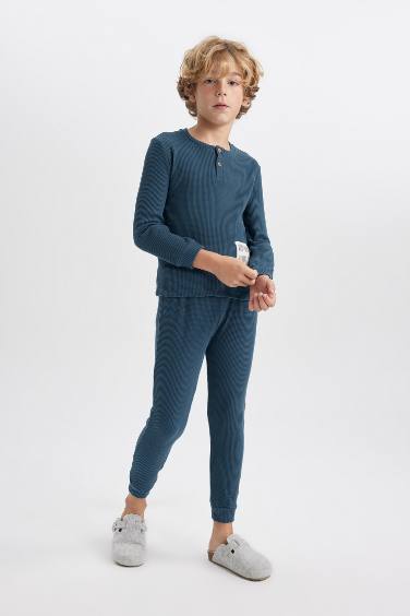 طقم بيجاما وافل قصة عادية من قطعتين