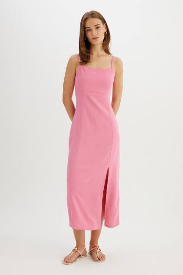 Square Neck Linen Blend Strap Midi Dress