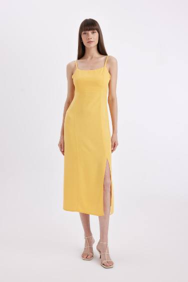 Square Neck Linen Blend Strap Midi Dress