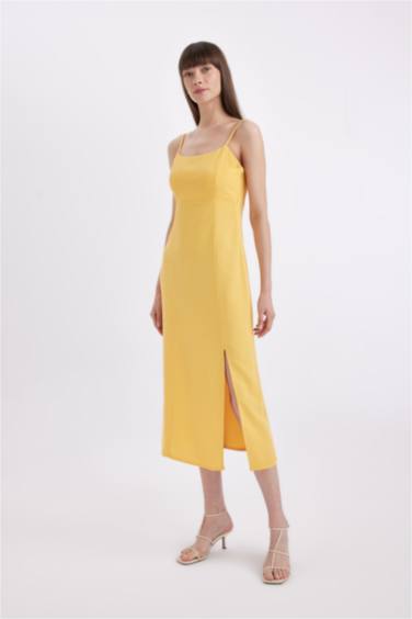 Square Neck Linen Blend Strap Midi Dress