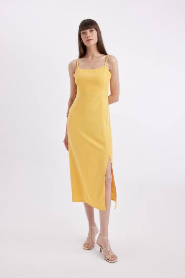 Square Neck Linen Blend Strap Midi Dress