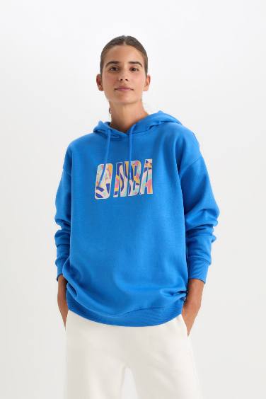 DeFactoFit NBA Wordmark Oversize Fit Geniş Kalıp Kapüşonlu Kalın Kumaş Sweatshirt