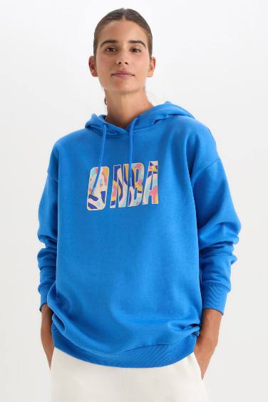 DeFactoFit NBA Wordmark Oversize Fit Hooded Thick Fabric Sweatshirt