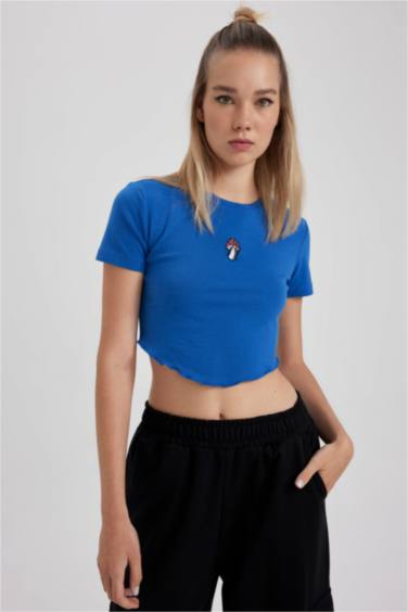 Fıtted İşlemeli Ribana Kısa Kollu Tişört