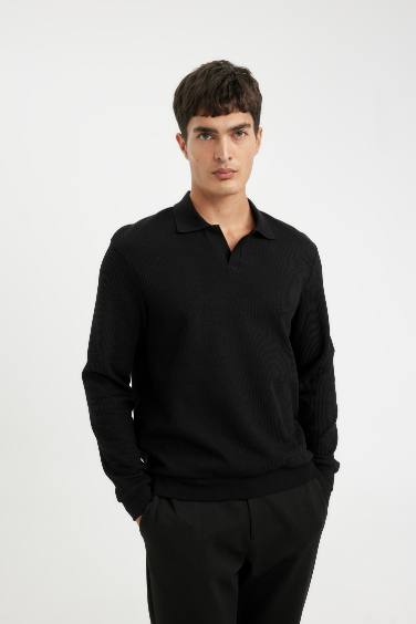 Siyah Regular Fit Polo Yaka Jakarlı Triko Sweatshirt