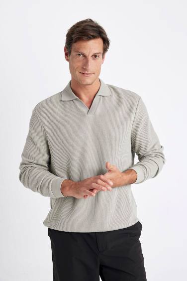 Açık Haki Regular Fit Polo Yaka Jakarlı Triko Sweatshirt