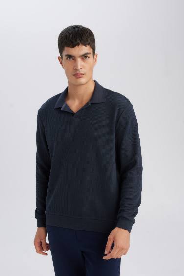 Regular Fit Polo Yaka Jakarlı Triko Sweatshirt