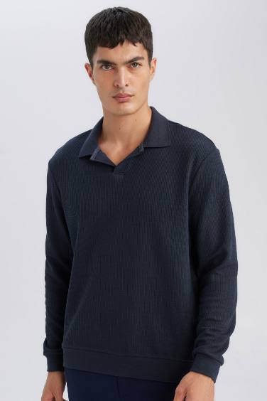 Regular Fit Polo Yaka Jakarlı Triko Sweatshirt