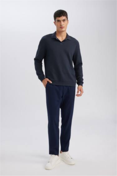 Regular Fit Polo Yaka Jakarlı Triko Sweatshirt