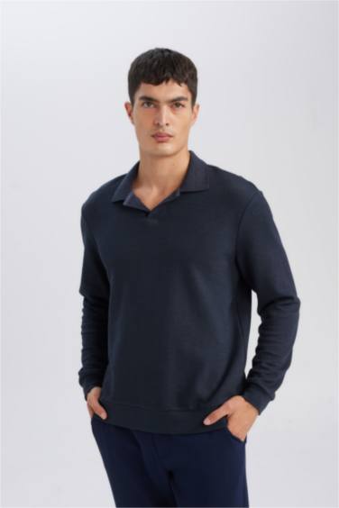 Regular Fit Polo Yaka Jakarlı Triko Sweatshirt