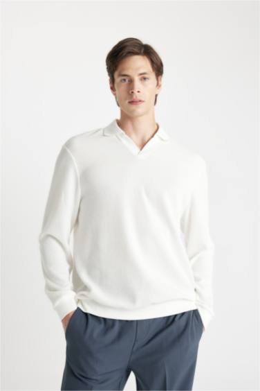 Regular Fit Polo Yaka Jakarlı Triko Sweatshirt