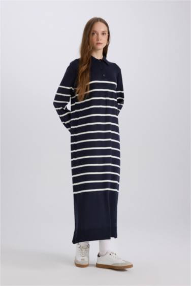 Regular Fit Polo Yaka Çizgili Maxi Triko Elbise